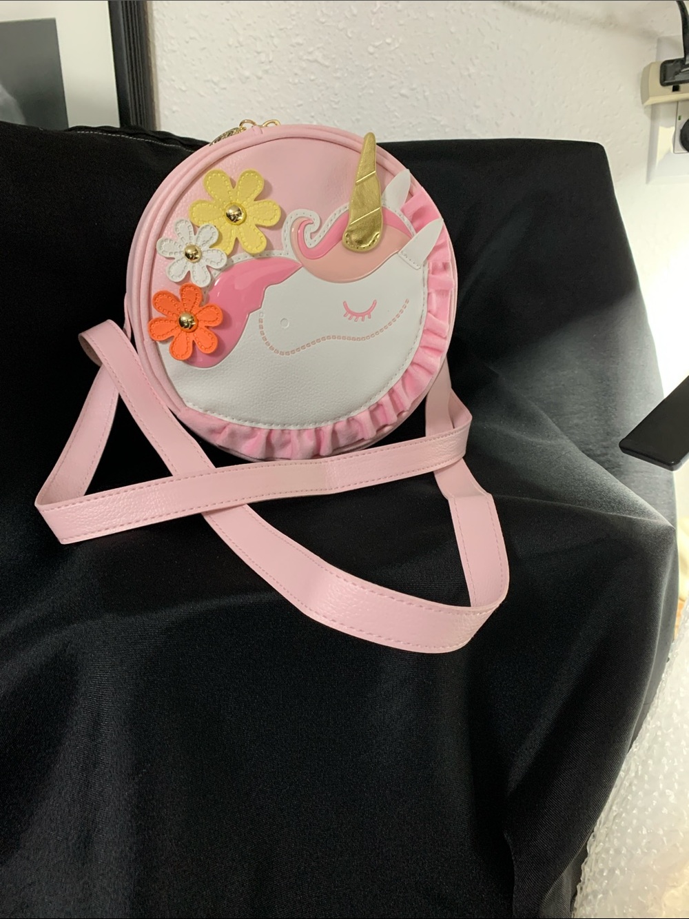 Bath & Body Works Pink 3-D  Unicorn Round Mini Backpack Bag with Floral Accents